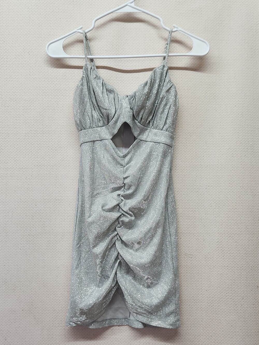 Symphony Silver Glitter Ruched Mini Dress with Cutout